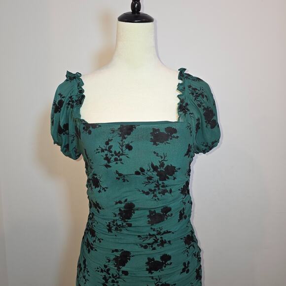 Dear Moon Womens Green Velvet Burnout Floral Bodycon Dress Small Ruched Fairy - Picture 2 of 7